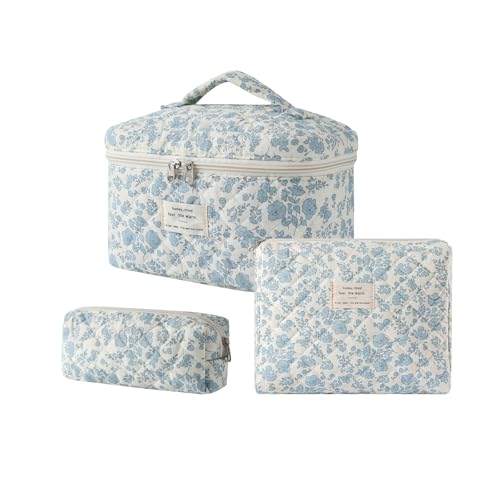 uekeboag Large Travel Quilted Makeup Bag for Women, Floral Cotton Cosmetic Bag, Coquette Aesthetic Floral Toiletry Organizer Bag