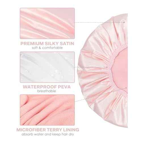 Aquior Shower Cap,Triple Layer Shower Cap for Women, Reusable Waterproof Bath Cap,Silky Satin Outer Layer Terry Lining, Extra Large for Women Long Hair(Pink)
