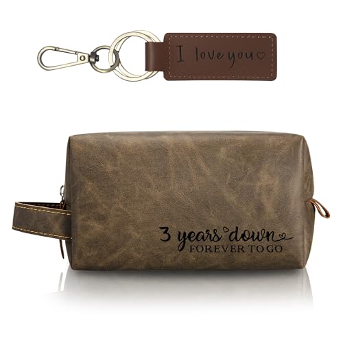 3rd Years Leather Anniversary Present for Him, 3 Years Wedding Gifts for Husband Anniversary, Engraved PU Leather Toiletry Bag and KeyChain