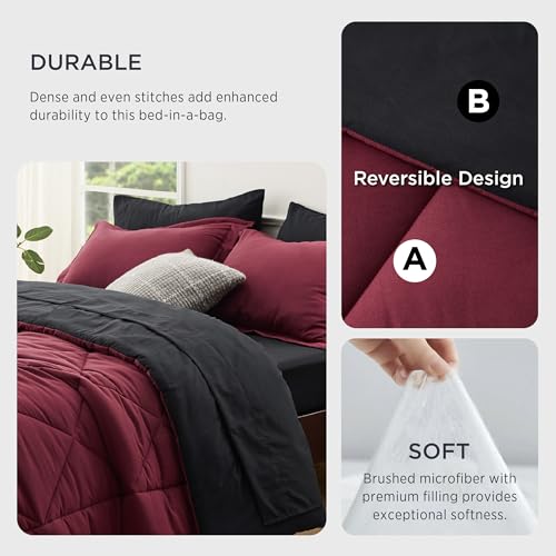 Bedsure Burgundy and Black Twin Comforter Set - 5 Pieces Reversible Twin Bed in a Bag, Twin Bed Set Burgundy and Black with Comforters, Sheets, Pillowcase & Sham