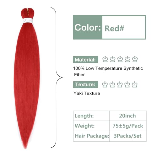 Pre-stretched Braiding Hair 20 Inch 3Packs Red Braiding Hair for Braids, Soft Yaki Texture Box Braids Hot Water Setting Synthetic Kanekalon Braiding Hair Pre Stretched（20 Inch, Red#)