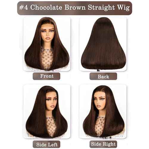 4# Chocolate Brown Human Hair Lace Front Wigs 200 Density Straight Lace Front Wig Human Hair 26 Inch 13x6 HD Lace Frontal | Soft Non-shedding Non-tangling Full Length No Peculiar Smell