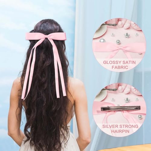 Silky Satin Hair Accessories: Cute Long-Tailed Ribbon Bows With Metal Crocodile Clips For Girls and Women, 12pcs