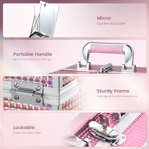 Joligrace Makeup Train Case Makeup Case Organizer Portable Cosmetic Box Storage with 2 Trays Mirror Locking Make Up Travel Case for Nail Kits Cosmetics Craft Traveling Makeup Box Mermaid Pink