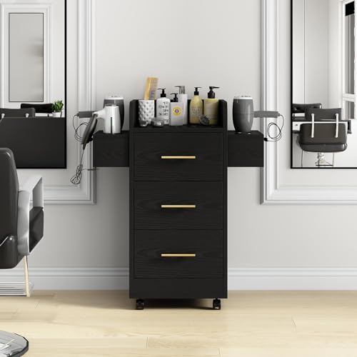 Rolling Salon Station with 6 Hair Dryer Holders & 3 Drawers