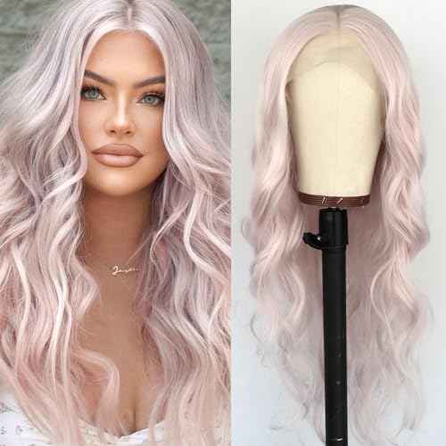 Pink Lace Front Wigs Long Wavy Wigs for Women Long Curly Synthetic Lace Frontal Wig Loose Wave Wig Heat Resistant Glueless Synthetic for Daily Party 24 Inch