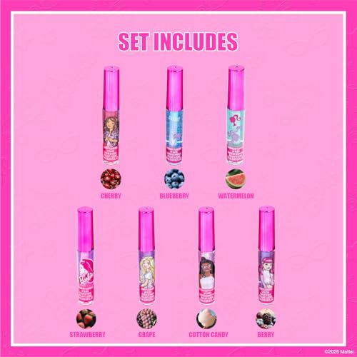 Barbie 7 Piece Plant Based Lip Gloss, Girls Party Favors, First Makeup Set for Girl, Perfect for Parties, Sleepovers, and Birthday Gifts, Ages 3+, by Townley Girl
