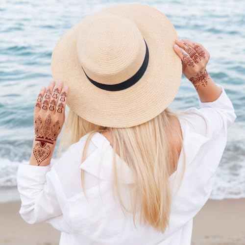 Henna Tattoo 12 Sheets Red Brown Henna Mehndi Temporary Tattoos for Women and Teen Girl, Waterproof Realistic Fake Tattoos for Wedding Beach Rave Festival Party Makeup Body Paint Parties Friends etc
