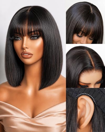 Arabella 10 Inch Natural Color 6x6 Glueless Human Hair Bob Wig with Bangs