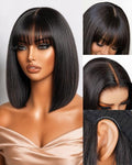Arabella 10 Inch Natural Color 6x6 Glueless Human Hair Bob Wig with Bangs