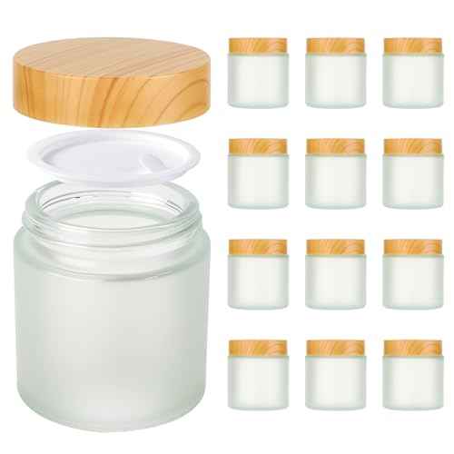 4oz Jars with Lids, Hoa Kinh 12 Pack Frosted Glass Jars with Lids Empty Cosmetic Containers Round Airtight Glass Jar with Inner Liners and Woodgrain Lid for Storing Lotions, Powders, and Ointments