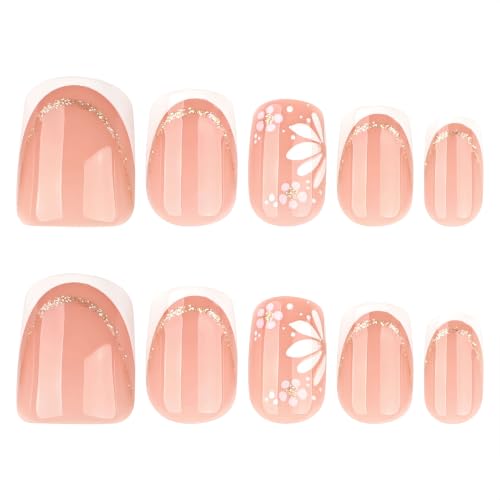 Stbisen 60-Blush Daisy French White Tip Square Press On Nails Short Nude Pink with Gold Glitter & Floral Design