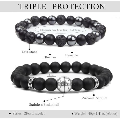 Black Obsidian Bracelet - Fox Bracelet - Tourmaline Beaded Bracelets, 8MM Black Onyx Hematite Lava Stone Beads Triple Protection Bracelet for Men Women Gifts