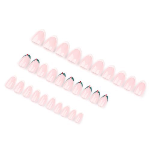 30Pcs Christmas Nails White French Tip Press on Nails Short Almond Fake Nails Christmas Fruit False Nails with Glue Winter Glossy Acrylic Nails Natural Full Cover Stick on Nails DIY Art for Women
