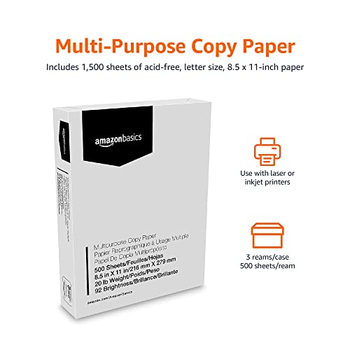 Amazon Basics Multipurpose Copy Printer Paper, 8.5" x 11", 20 lb, 3 Reams, 1500 Sheets, 92 Bright, White