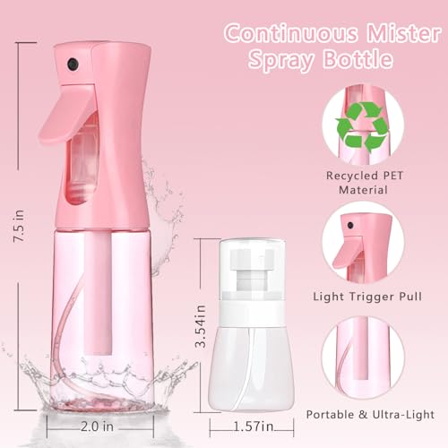 3-Pack Spray Bottles Set: 2x 6.8oz Continuous Mist + 1x Travel Bottle