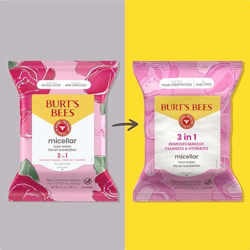 Burt¡¯s Bees Micellar Rose Water Facial Towelettes, 100% Plant Based Cloth; 99% Natural Origin; Remove Makeup, Cleanse, Hydrate; No Greasy, Oily Residue; All Skin Types (Pack May Vary)