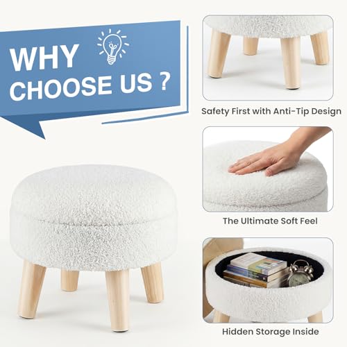 DUMOS Round Storage Ottoman with Reversible Tray, Teddy Velvet, Beige