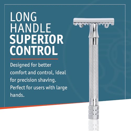 MERKUR 25C Double Edge Safety Razor in Bright Chrome with an Open Comb Design, Long Handle, Made in Germany, Plastic-Free, Three-Piece Design, and Straight Bar