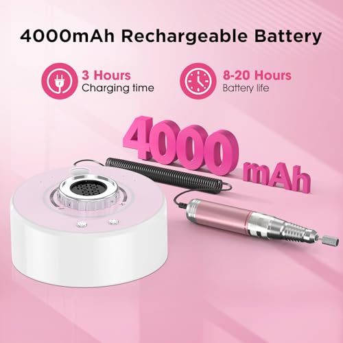 Electric Nail Drill Kit 40000RPM Efile Nail Drill Professional with 12 Drill Bits & 66 Sanding Bands Cordless & Rechargeable Nail Drills for Nails Acrylic Gel Polishing Removing Home/Salon Use-Pink