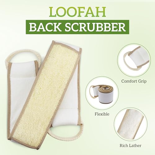 Natural Loofah Exfoliating Body Scrubber, Loofah Bath Sponge, Luffa for Women and Men, 100% Biodegradable Compostable, Dye Free, Zero Waste Eco Friendly Sustainable (Back Scrubber Pack 4)