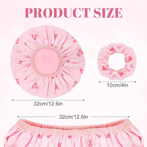 Double-Sided Shower Cap with Cherry Print and Pink Solid - Waterproof Hair Cover