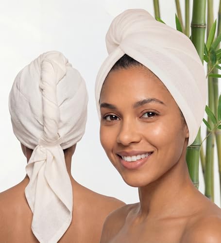 Harmony Weave Ivory White Bamboo Hair Towel Wrap for Women — Fast Dry, Anti-Frizz, Curl Friendly, Includes Elastic Strap, 1-Pack