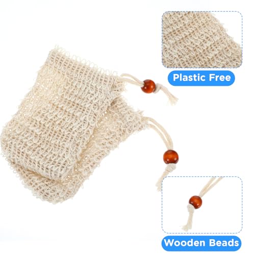 40 Pack Soap Saver Bags, Natural Sisal Exfoliating Soap Pouch with Drawstring Wooden Bead, Foaming Drying Mesh Net for Bath and Shower, 5.5 x 3.5 Inch