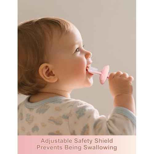 Baby Toothbrush & Teether for Infant and Toddler, Silicone Baby Oral and Tongue Cleaner, Ultra Soft Infant Training Toothbrush with Travel Case, Adjustable Safety Shield - Pink