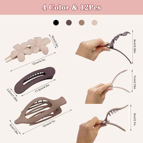 12 Pack Flat Hair Clips Set for Women ?Matte Neutral Claw Clips, Flat Barrettes & Flower Hair Pins in Black, Blonde,Light Brown & Dark Brown, Strong Hold Styling Accessories for Thick & Thin Hair