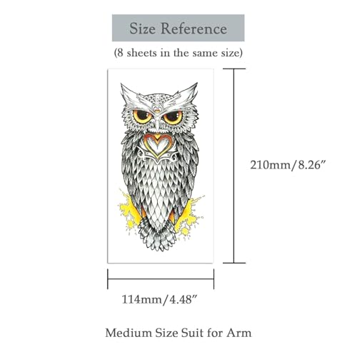 8 Sheets 3D Black Realistic Temporary Tattoos for Men Women Adults, Owl Sketch Dreamcatcher Flower Rose Halloween Fake Half Arm Sleeve Tattoos Stickers Legs Kit Sets