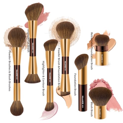 MAANGE 7pcs Makeup Brush Set Double Sided Kabuki Makeup Brushes Contour Brush for Foundation Liquid Powder Concealer Cream Cosmetics Bronzer Blending Blush Buffing Makeup Tools (Coffee Gold)