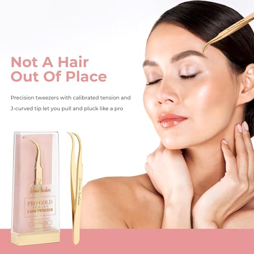 Hair Removal & Eyelash Tweezer - J-curved Tip for Precise Plucking - Applicator Tool for False Eyelash Clusters & Lash Extensions - 24K Gold Plating, Stainless Steel - Case Included