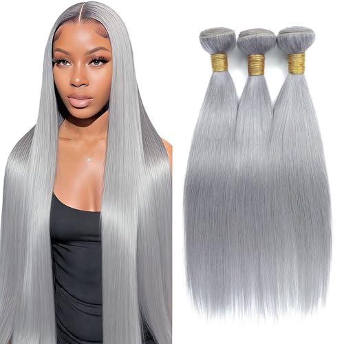 Fridnae Grey Silver Straight Hair Bundles 30/32/34 inch - 150g per Bundle