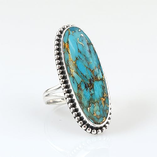 Blue Copper Turquoise Gemstone Ring 925 Sterling Silver Handmade Wedding Gift Ring For Women, Girls Birthstone Ring Long Oval Shape Designer Ring By NKG