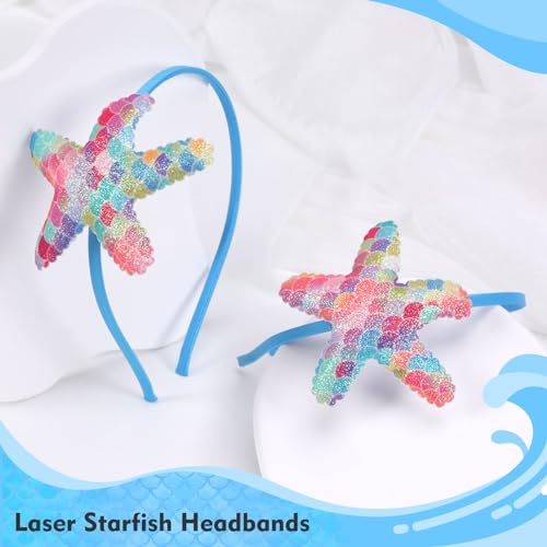 Starfish Headbands Blue Sea Star Hair Band Laser Glitter Rainbow Mermaid Scale Hair Hoop Non Slip Hair Accessories for Women Girls Head Wear Gifts