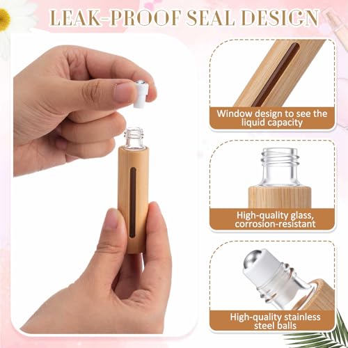 18 Pcs 10ml Bamboo Roll on Bottles for Essential Oils Empty Bottles with Stainless Steel Roller Balls with Funnels, 3ml Droppers and Stickers