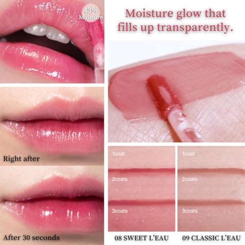 BBIA L¡¯EAU Tint ? Glossy & Glow Lip Stain Watery Lip Tint Non-Sticky High Shine Finish Long-lasting Moisturizing Lightweight Natural Daily Use Vegan Korean Makeup (08 SWEET L'EAU)