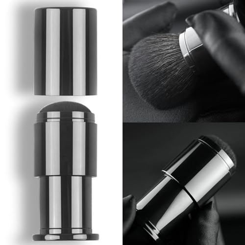 Retractable Kabuki Makeup Brush - Premium Goat Hairs Blush Brushes Great for Blending Liquid, Cream, Mineral Cosmetics or Translucent Powder (Black - Goat Hairs)