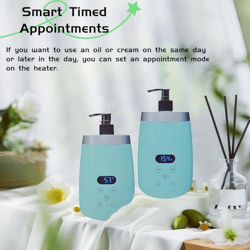 Massage Oil Warmer Professional Electric Lotion Digital Heater SPA, Compact Oil Warmer Heated Bottle for Beauty Salon Home,Automatic Thermostat Cream Heater wiht Two Oil Dispenser Bottle Funnel Green