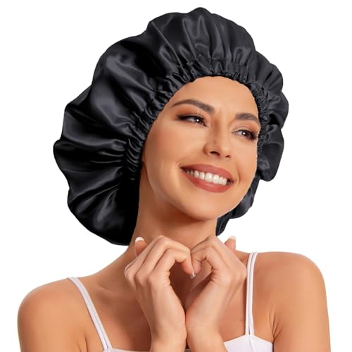 Satin Bonnet Sleep Cap for Curly Hair - 2 Pack Black