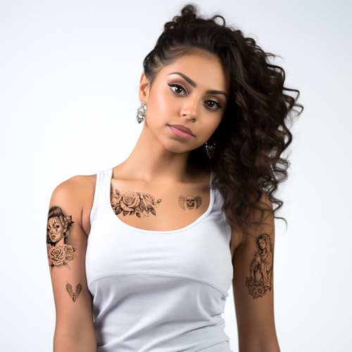 Los Vatos Chicano Bundle - 8 Sheets Cholo and Chola Temporary Tattoos - Payasa, Lowrider, Virgin Mary, Prayer, Cross, Chicana, Gangster, Fake Tattoo, D?a de Muertos, Tatuajes Temporales