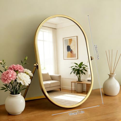 Oval Vanity Mirror 360° Rotation 180° Tilt with Gold Metal Frame - Desktop Tabletop Makeup Mirror
