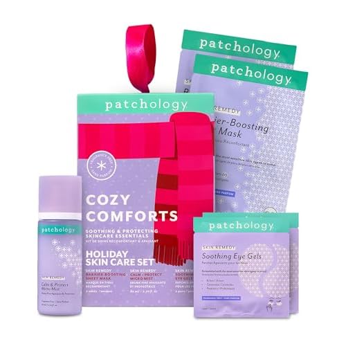 Patchology Cozy Comforts Holiday Skincare Gift Set - Soothing Under Eye Patches, Barrier-Boosting Hydrating Sheet Masks & Calming Mist - Limited Edition Winter Christmas Gifts & Stocking Stuffers