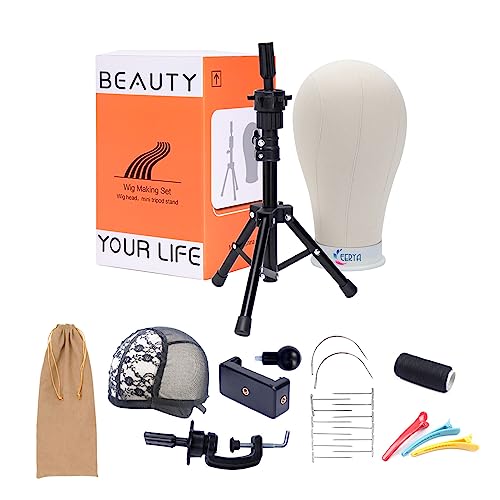 EERYA 22 Inch Wig Head, Wig Stand Tripod With Head, Wig Head Stand With Mannequin Head, Canvas Wig Head Stand for Wig Styling Making Displaying, Wig Mannequin Head With Stand Set(22 inch, lightbrown)