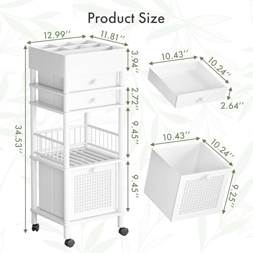 Bamboo Makeup Organizer Cart with 3 Drawers - Rolling Vanity Storage
