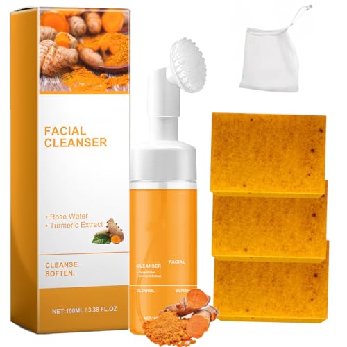 Turmeric Soap & Face Wash Set, Lemon Turmeric Kojic Soap Bar and Foaming Facial Cleanser with Brush Combo for Face & Body, Deep Cleansing Moisturizing
