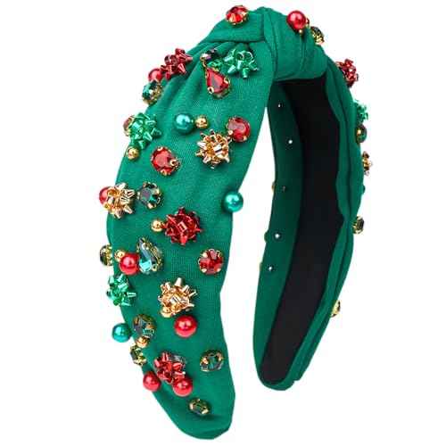 TULOBI Christmas Headband for Women Knotted Headband Xmas Red Green Pearls Rhinestone Crystal Jeweled Hairband with Embellished Crystals and Pearls Designs Holiday Outfits Gifts & Gifts (Green)