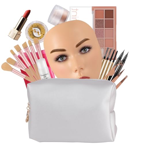3D Makeup Practice Kit, Reusable Silicone Practice Face Board/Makeup Mannequin Face,with Brushes&Eyebrow Pencils&Eyelashes&Bag&Eyeshadow&Lipstick