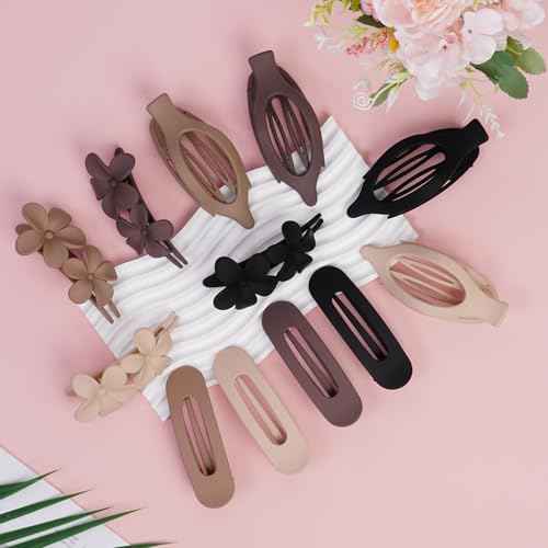 12 Pack Flat Hair Clips Set for Women ?Matte Neutral Claw Clips, Flat Barrettes & Flower Hair Pins in Black, Blonde,Light Brown & Dark Brown, Strong Hold Styling Accessories for Thick & Thin Hair